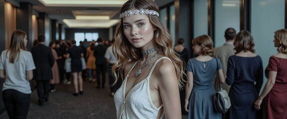 Fototapeta premium A woman with long blonde hair is standing in front of a restaurant. She is wearing a flower headband and a white tank top. There are several other people in the background