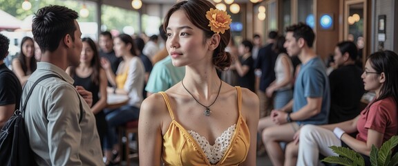 A woman in a yellow dress stands in front of a crowd of people. She is wearing a flower in her hair