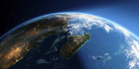 Highly detailed Earth with atmosphere, exaggerated relief and light-flooded cities. Transition from night to day. Africa and Madagascar. 3D rendering. Elements of this image furnished by NASA