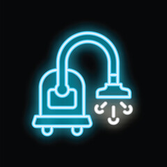 Blue neon icon of a vacuum cleaner sucking dust particles, representing the concept of housekeeping