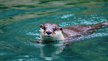 Fototapeta premium Curious Otter Swimming in Teal Water, A Captivating Wildlife Portrait