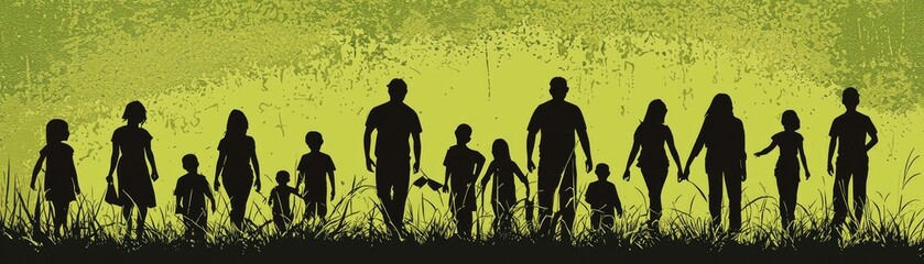Large family silhouette walking outdoors, green background, nature, family unity