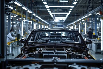 Fototapeta premium AI generated automotive assembly line in car manufacturing progression with automated machines