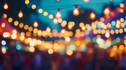 A lively outdoor summer music festival with vibrant lights and happy crowds, promoting cultural events,