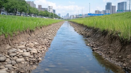 Obraz premium A narrow waterway lined with pebbles and lush grass, reflecting the skyline, under a clear blue sky.