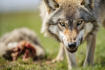 Fototapeta premium Wolf with prey in background. KI generiert, generiert, AI generated