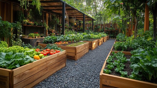 Lush garden with raised wooden planters filled with various vegetables and herbs.