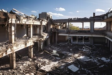 Fototapeta premium Neglected hospital section with collapsed roof elements, AI generated, hospital, damage, abandoned, ruin, decrepit