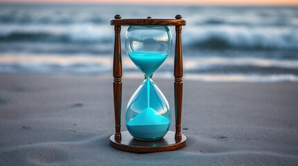 Hourglass with blue sand on sandy beach at sunset