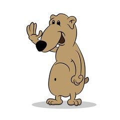 cute cartoon bear with a waving hand on a white backgrond, vector illustration