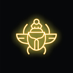Neon scarab beetle glowing on a black background, representing ancient egyptian culture and beliefs