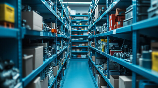 Organized shelves filled with various auto parts representing efficient inventory management in a modern, minimalistic environment with bright tones and empty caption space on the side