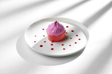 A close-up of a dessert, showcasing the smooth and creamy texture of the mousse and the juicy texture of the fruit.