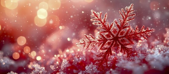 Vibrant red snowflake with close-up details and sparkling bokeh background in a winter setting, AI generated