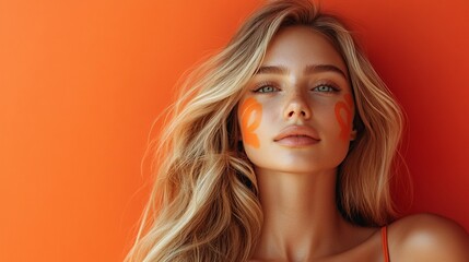 Naklejka premium Blonde woman, orange background, skincare patches, summer, beauty