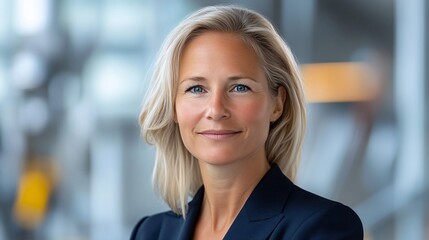 Naklejka premium A professional woman with blonde hair poses confidently, presenting a polished and approachable demeanor against a modern backdrop.