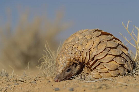 A steppe pangolin (Manis temminckii) in the desert, well camouflaged with its scaly armour, AI generated, AI generated