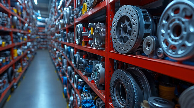 Organized shelves filled with various auto parts representing efficient inventory management in a modern, minimalistic environment with bright tones and empty caption space on the side