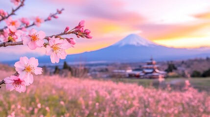 Obraz premium Cherry Blossom Sunrise at Chureito Pagoda and Mt. Fuji in Fujiyoshida, Japan - Travel and Sightseeing