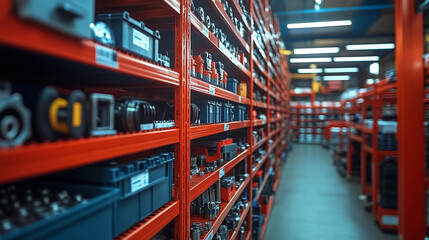 Organized shelves filled with various auto parts representing efficient inventory management in a modern, minimalistic environment with bright tones and empty caption space on the side