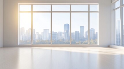 Fototapeta premium A modern, bright room with large windows showcasing a city skyline, illuminated by sunlight.