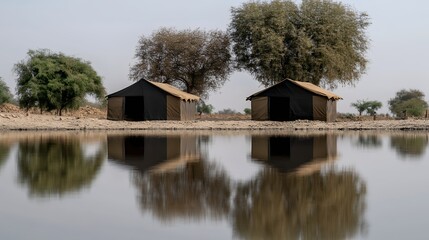Obraz premium Reflective Stillness Rustic Huts near Calm Water under a Pale Sky