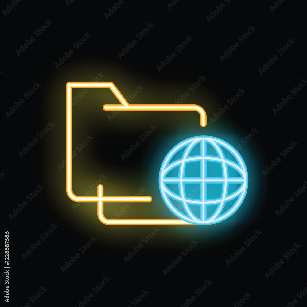 Poster neon glowing icon of a folder sharing files online, representing cloud computing and data storage