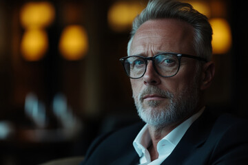 Serious businessman in a dimly lit restaurant during evening hours