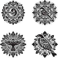 A set of decorative black bird mandalas featuring intricate floral and geometric patterns, ideal for design, decor, or tattoo concepts.
