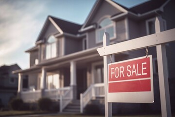 Fototapeta premium For sale sign with blurry large house in background. KI generiert, generiert AI generated