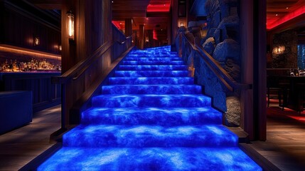 Blue-lit staircase, luxury lounge, bar background, upscale interior
