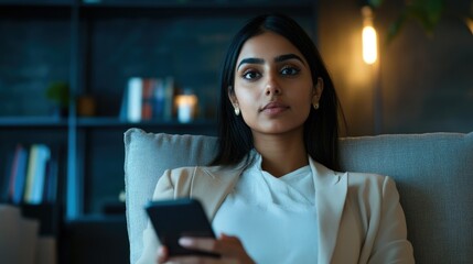 Introspective Woman, Smartphone, Contemporary Office