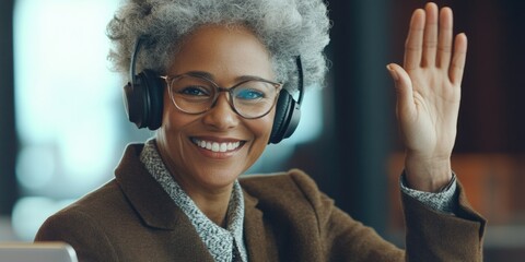 Energetic Businesswoman Waving Goodbye, Headphones and Microphone on Desk