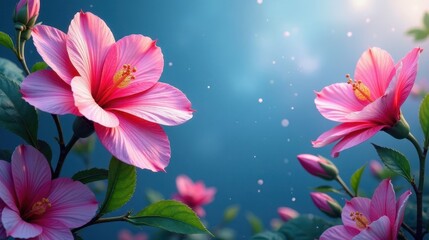 Delicate Pink Hibiscus Blossoms in Soft Light, Gently Swaying on a Branch, Displaying Vibrant Petals and Lush Green Foliage Against a Serene Blue Sky Background