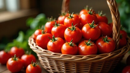 A wicker basket brimming with vibrant, ripe red tomatoes, nestled amongst fresh green leaves, exudes a sense of natural abundance and summer's bounty.
