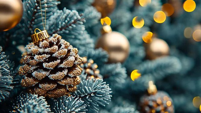 Festive pinecones and ornaments adorn a beautifully lit Christmas tree