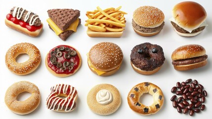 Fototapeta premium An array of fast food items including burgers, donuts, and fries, displayed in a colorful assortment, AI generated