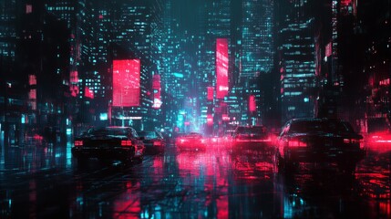 Cyberpunk City Night Traffic, Neon, Rain, Digital Art, Futuristic, Background, Advertisement,  Website