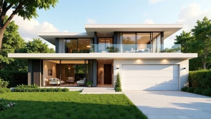 Modern Two-Story House with Glass Balcony and Attached Garage, Designed for Comfortable Family Living