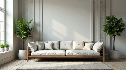 Fototapeta premium Serene Living Room with Wooden Sofa and Lush Greenery Against a Neutral Wall