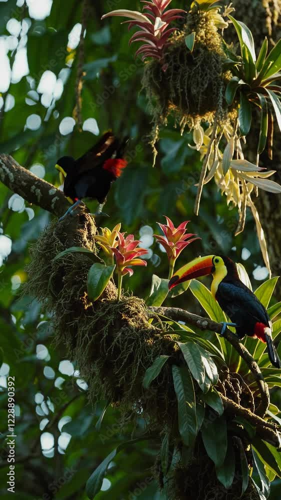 Poster A pair of toucans perched on a branch covered in orchids and bromeliads, their beaks creating a stunning focal point.
