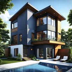 Fototapeta premium Three dimensional render of a modern ecological real estate residential house, AI gnerated, AI generated