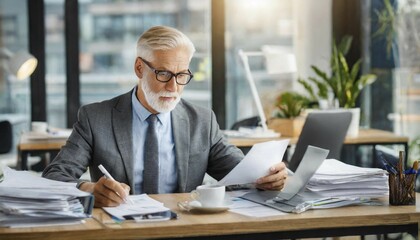 Fototapeta premium A businessman organises papers at his desk with a coffee cup, symbol bureaucracy, AI generated, AI generated