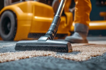 Fototapeta premium close-up of a powerful vacuum cleaner effectively removing dirt and dust from a carpet. The image captures the detail of the cleaning process.