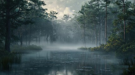 Misty morning forest lake with tranquil water and fog.