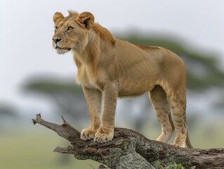 A lion (Panthera leo), sitting on an old tree trunk in the Seringetti, AI generated