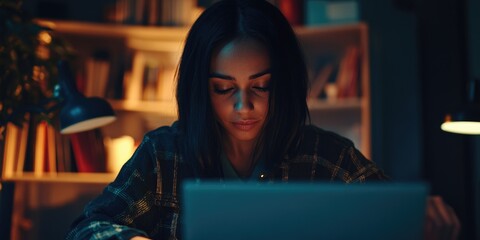 Obraz premium Woman Working on Laptop at Night