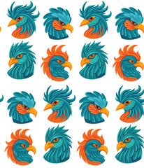 Vector seamless pattern with blue bird on white background. Texture with parrot heads in cartoon fantasy style. Textile with hand drawn macaws