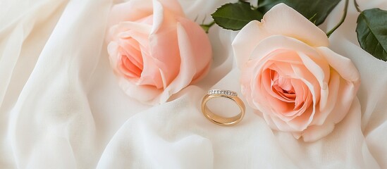 Obraz premium Gold ring and peach roses on white silk.