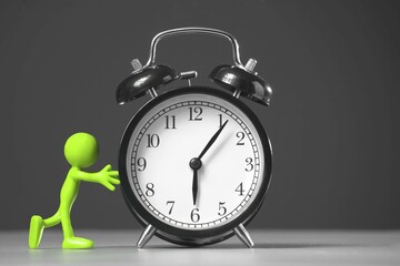 Green man pushing an alarm clock. The concept of time